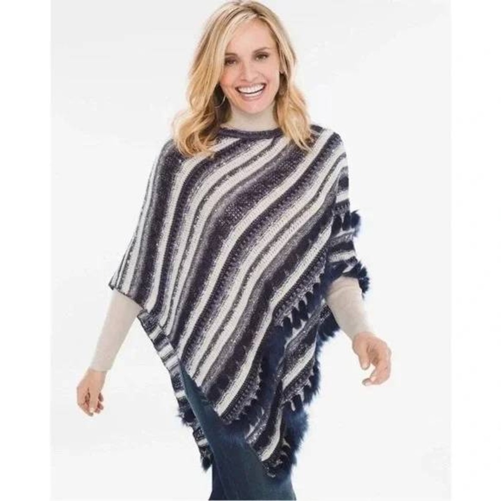 Chico's Sparkle Stripe Blue Knit Poncho Sweater S/M Tassle Silver Shawl Pullover